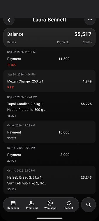 TallyMate on a phone in dark mode: a customer account with a balance of 55,517