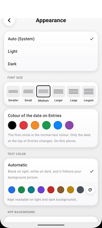 TallyMate on a phone: Appearance settings with Auto, Light and Dark, font size and date colour