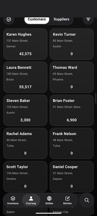 TallyMate on iPhone in dark mode: the Customers screen with balances and the bottom bar