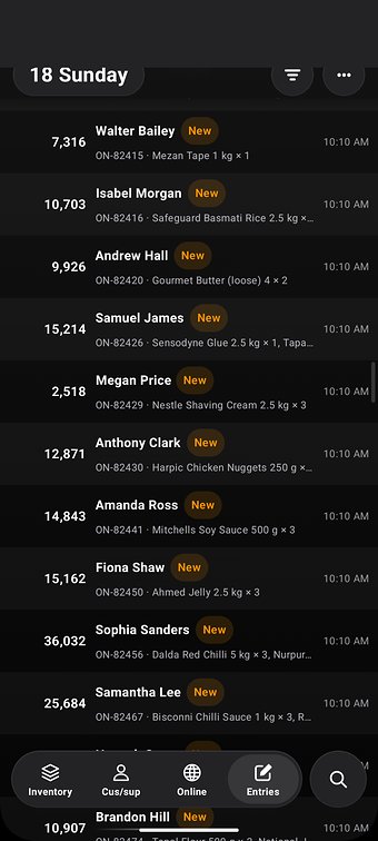 TallyMate on iPhone in dark mode: the Entries screen
