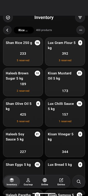TallyMate on a phone in dark mode: the Inventory screen