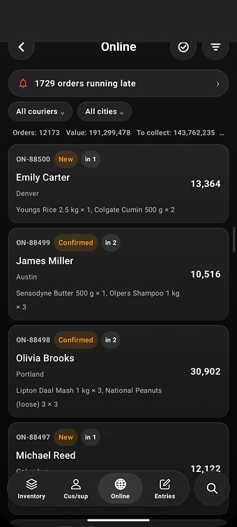 TallyMate on a phone: the Entries screen in light mode and the Online screen in dark mode (dark)