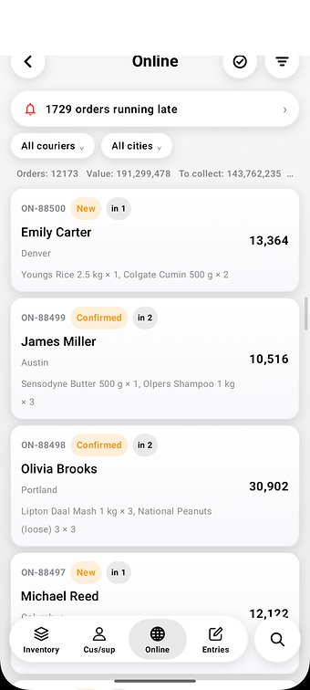 TallyMate on a phone: the Online screen with orders running late