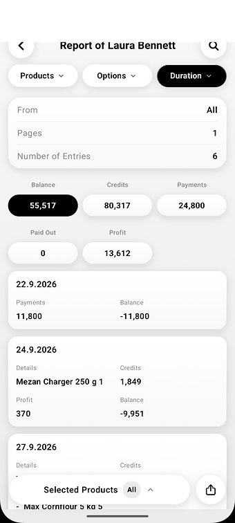 TallyMate on a phone: one customer&rsquo;s report with totals and entries by date