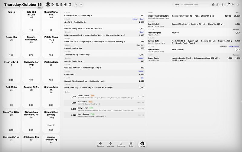 TallyMate for Mac: the Entries screen with product boxes and the day&rsquo;s entries