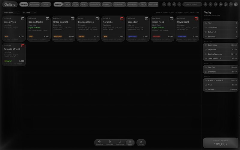 TallyMate for Mac in dark mode: the Online screen with order cards