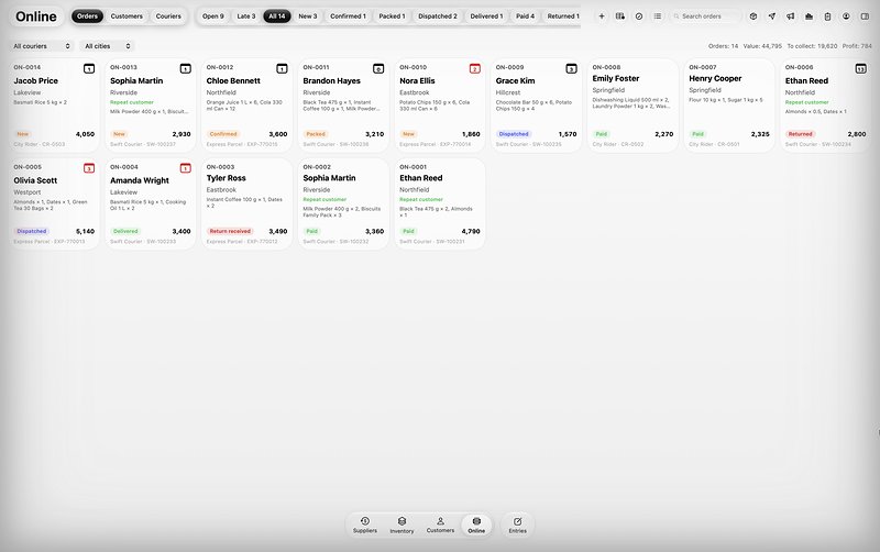TallyMate for Mac: online orders with buyer, city, products, amount and status such as New, Confirmed, Packed and Delivered