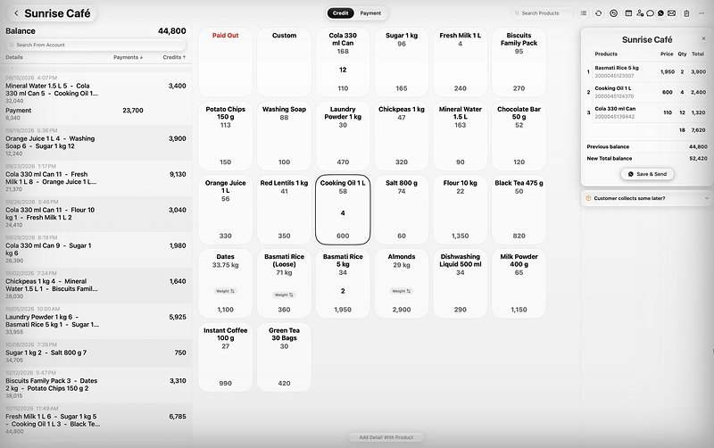 TallyMate for Mac: the account of Sunrise Caf&eacute; with a balance of 44,800 and a receipt showing the previous and new total balance