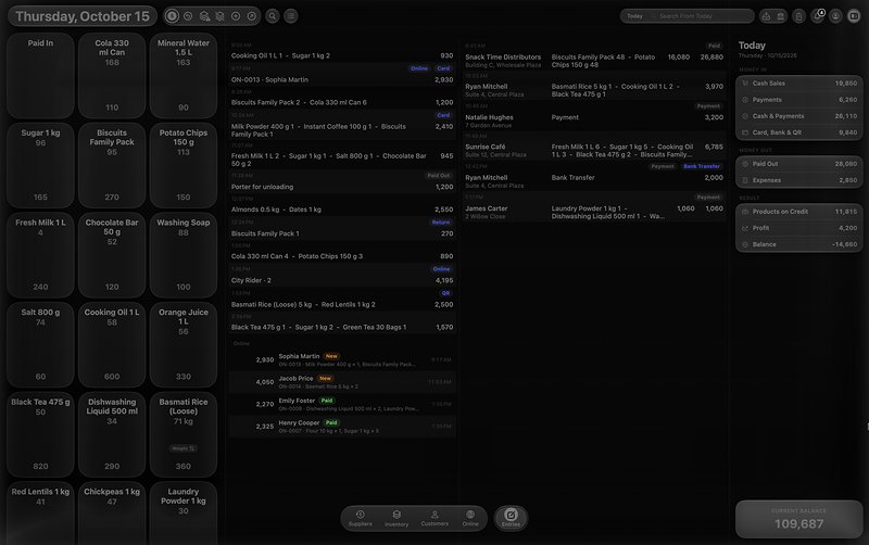 Dark mode: the Entries screen with product boxes and today&rsquo;s figures