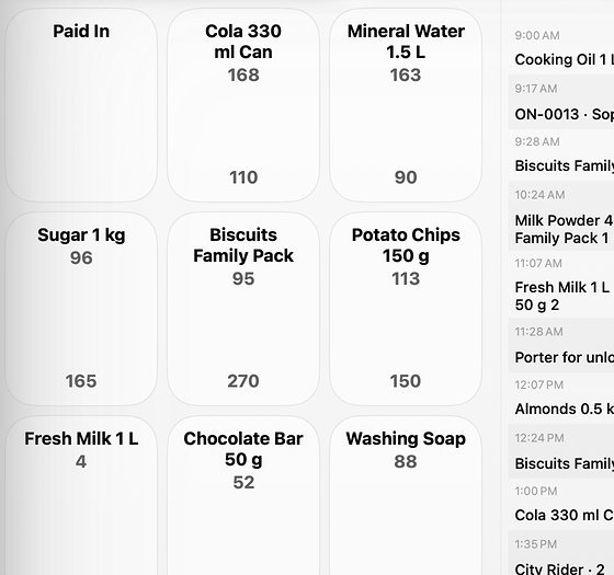 Product boxes in TallyMate: Cola, Mineral Water, Sugar, Biscuits and more